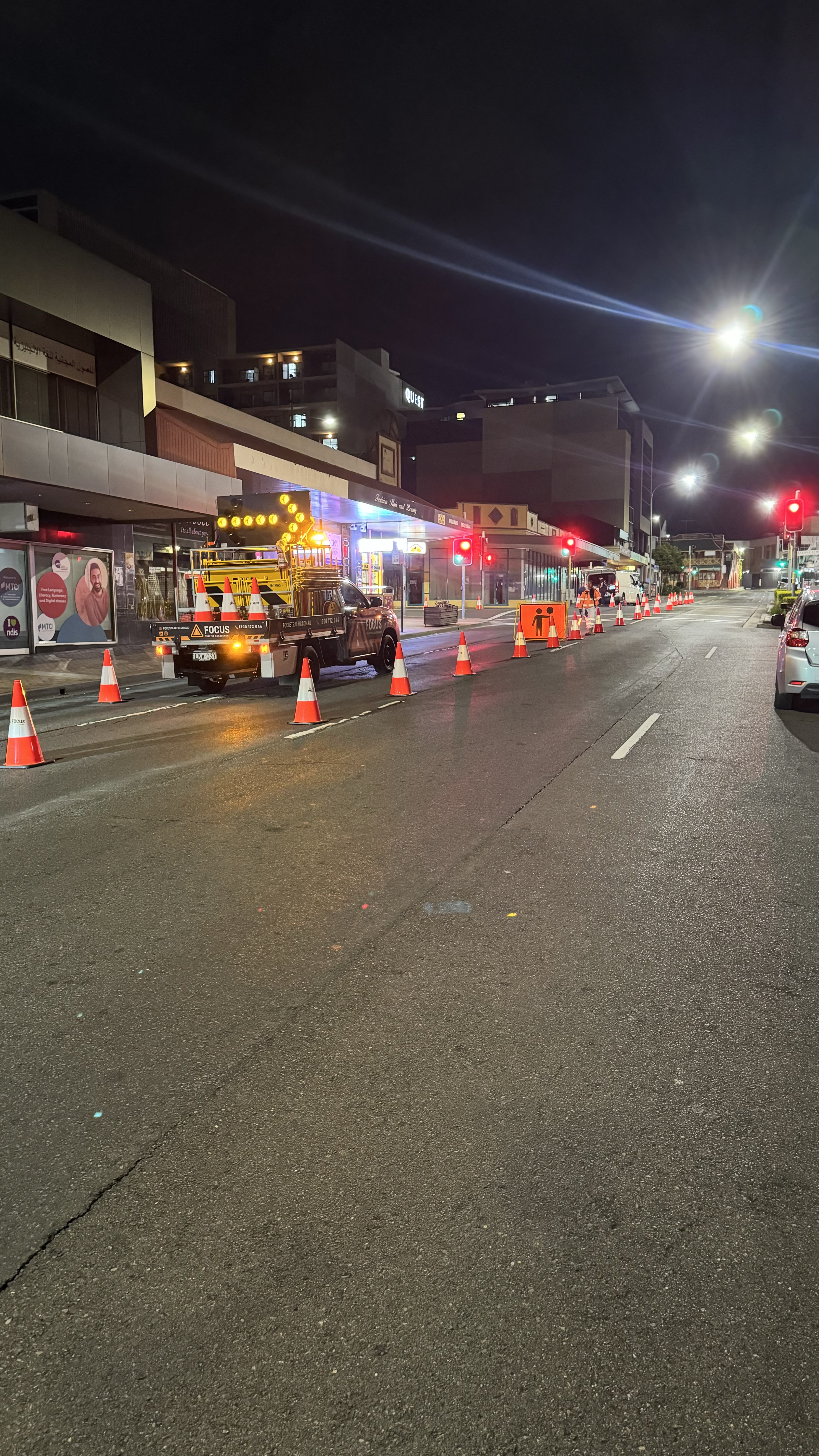 Night works lane closure with Focus Traffic Management vehicle